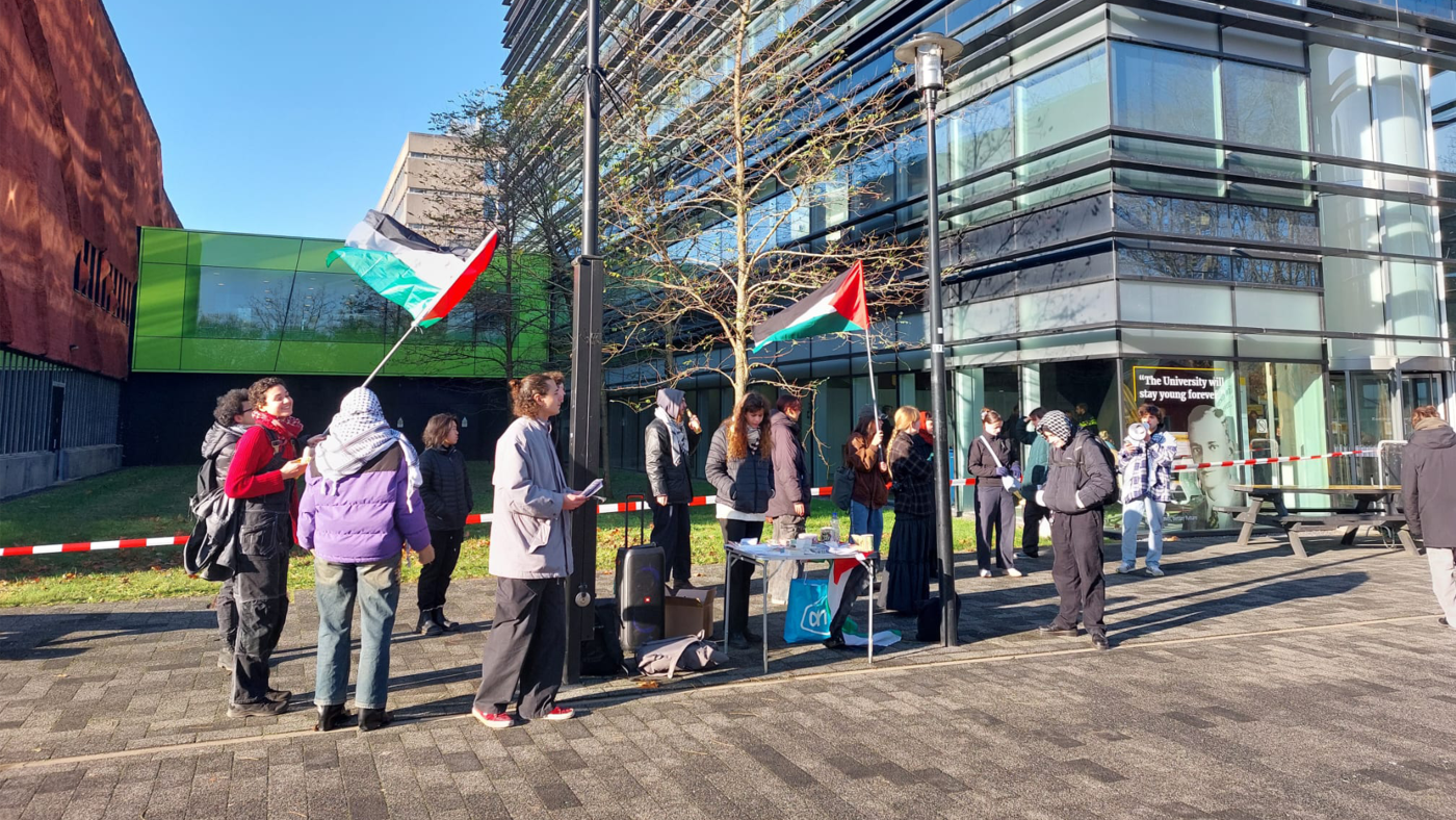 Pro-Palestinademonstratie tijdens open dag op de UU. Foto: DUB