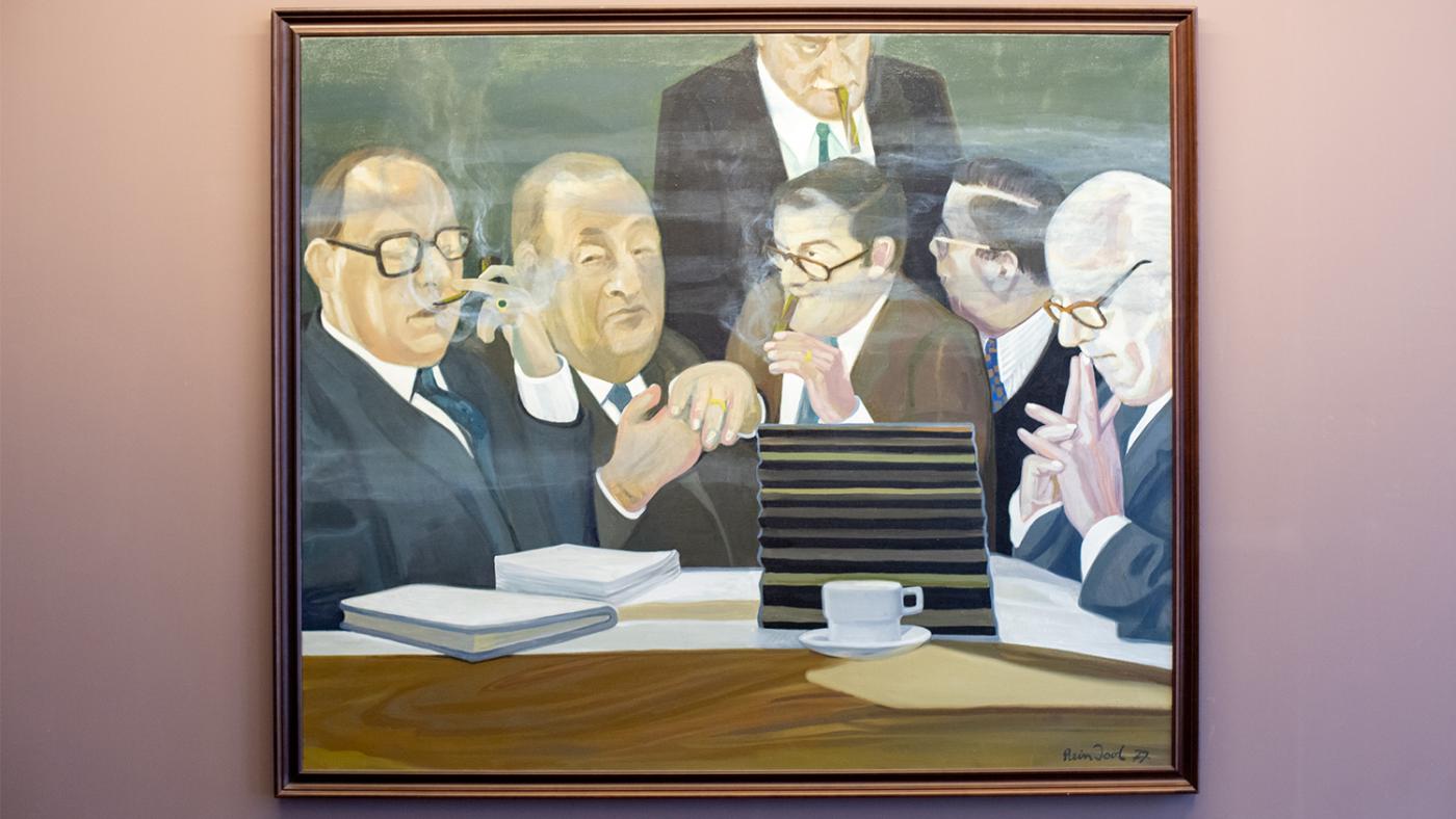 Schilderij met sigarenrokers van Rein Dool. Bron: Universiteit Leiden