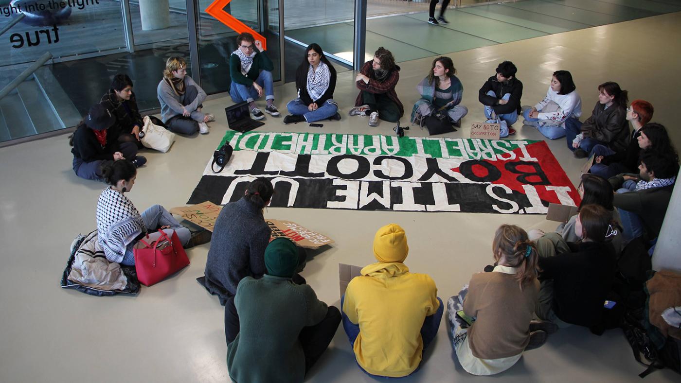 Teach-in tegen komst Israëlische delegatie in Educatorium. Foto DUB