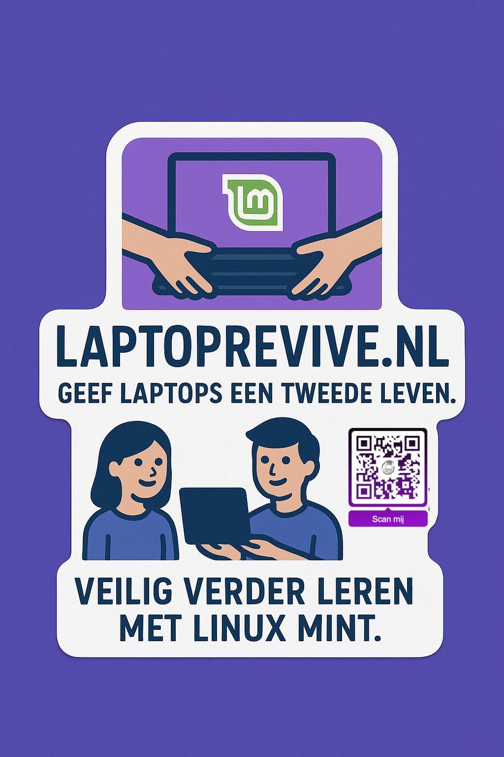 Een laptop met daarop het Linux Mint logo, veilig verder leren en de tekst "geef laptops een tweede leven"