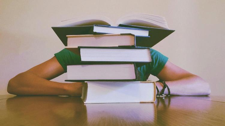 Student behind a pile of books