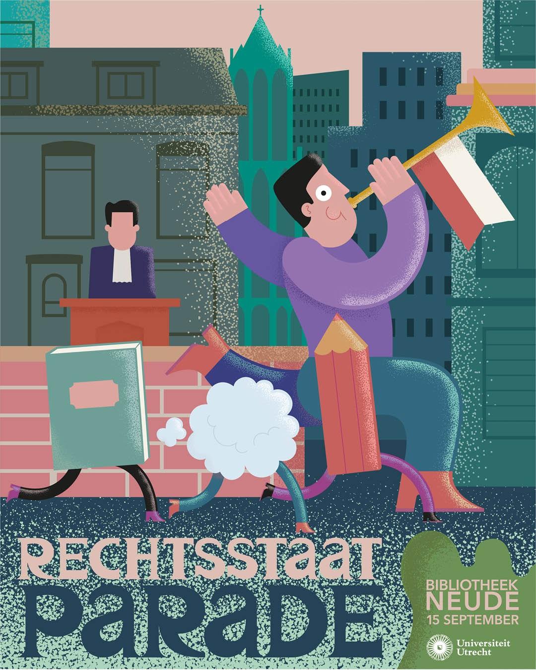 Poster Rechtsstaat Parade Optocht door de stad van mannetje met toeter, een stempotlood, een wolkje, een boek