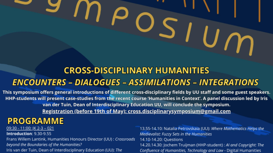 The Humanities Honours Programme (HHP) organizes a symposium with a kaleidoscopic perspective on cross-disciplinarity. Interdisciplinarity is the academic mantra of our time: the future of research and university teaching lies under its spell. There is an abundance of theoretical literature on the new trends of interdisciplinarity, yet a comparative evaluation of the praxis of cooperation from humanities disciplines with disciplines outside the humanities is missing. 