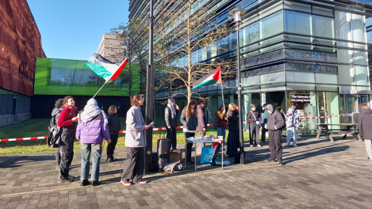 Pro-Palestinademonstratie tijdens open dag op de UU. Foto: DUB