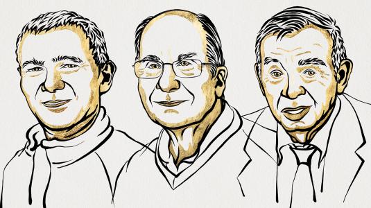 © Nobel Prize Outreach. Illustratie: Niklas Elmehed. Van links naar rechts: Moungi Bawendi, Louis Brus and Alexei Ekimov.